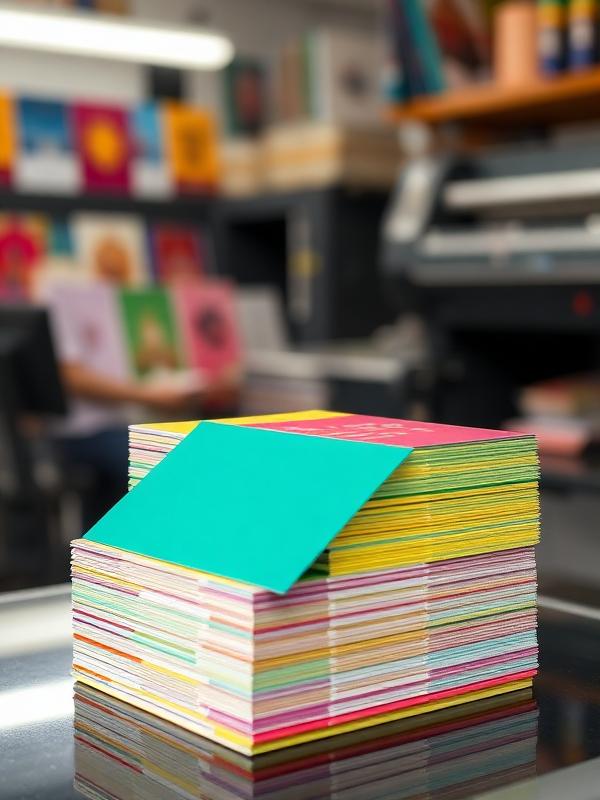 Stack of freshly printed colorful business cards