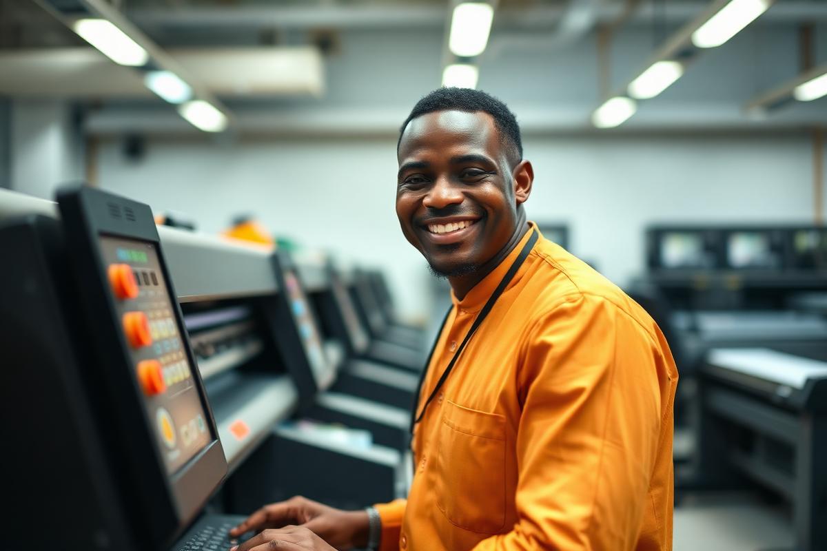Smiling printer technician at a digital printing console